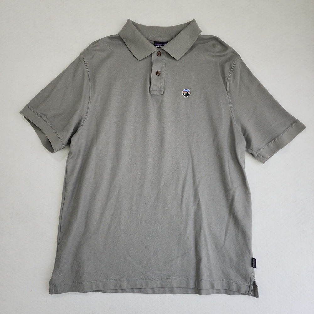 Patagonia Fitz Roy Emblem Polo Shirt Mens L Gray Organic Cotton Performance Golf